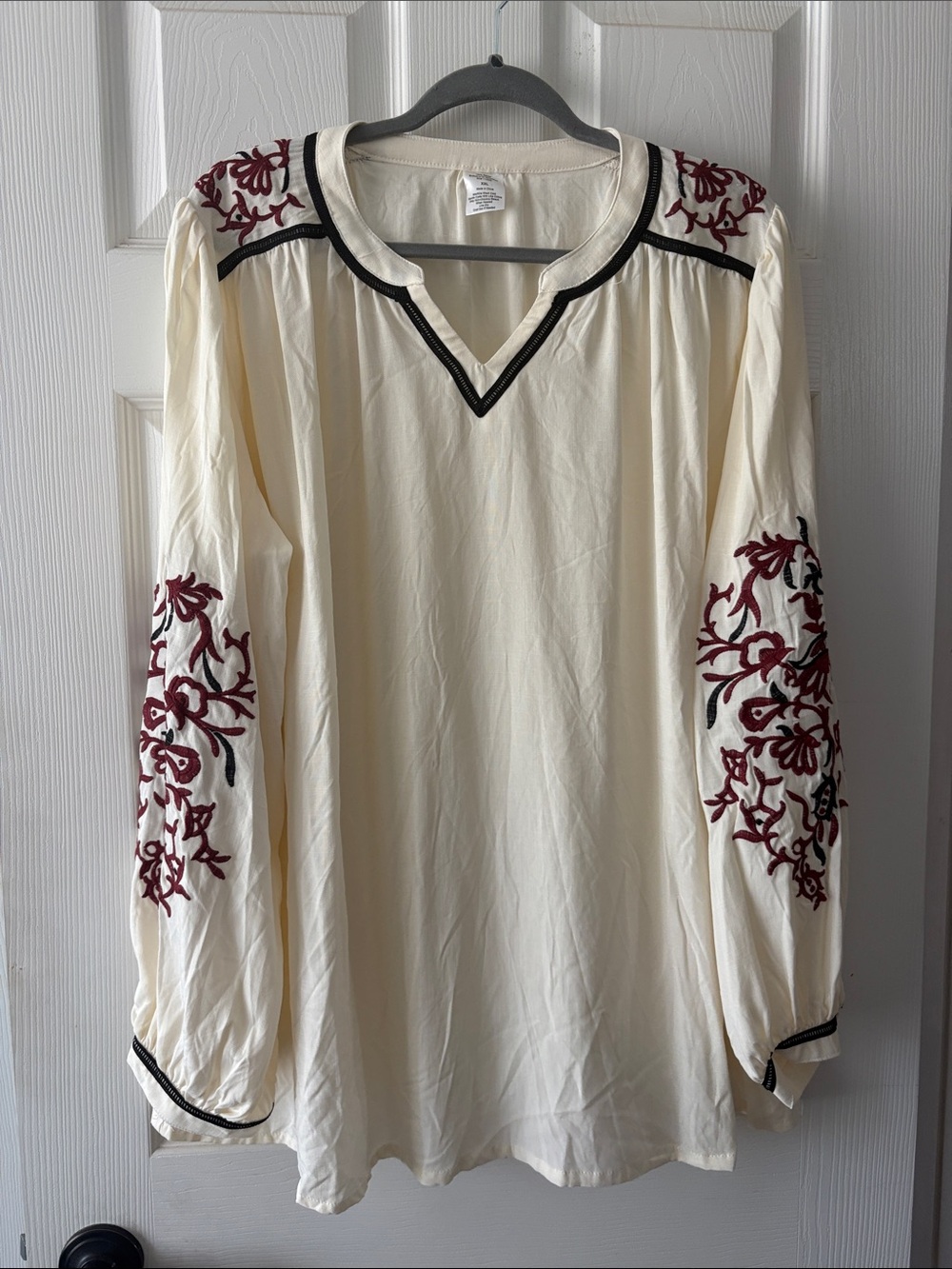 Cost Plus World Market Cream Blouse with Burgundy and Blue Embroidery